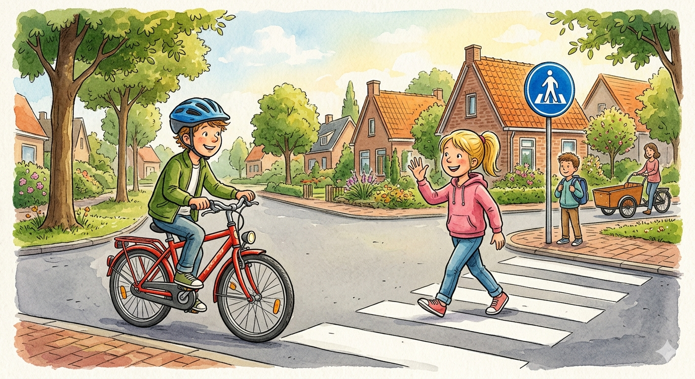 Kinderen oefenen met veilig oversteken bij Kindcentrum De Elsakker